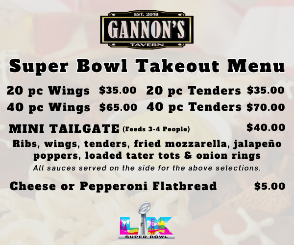 Gannon's Tavern Toys Super Bowl Menu