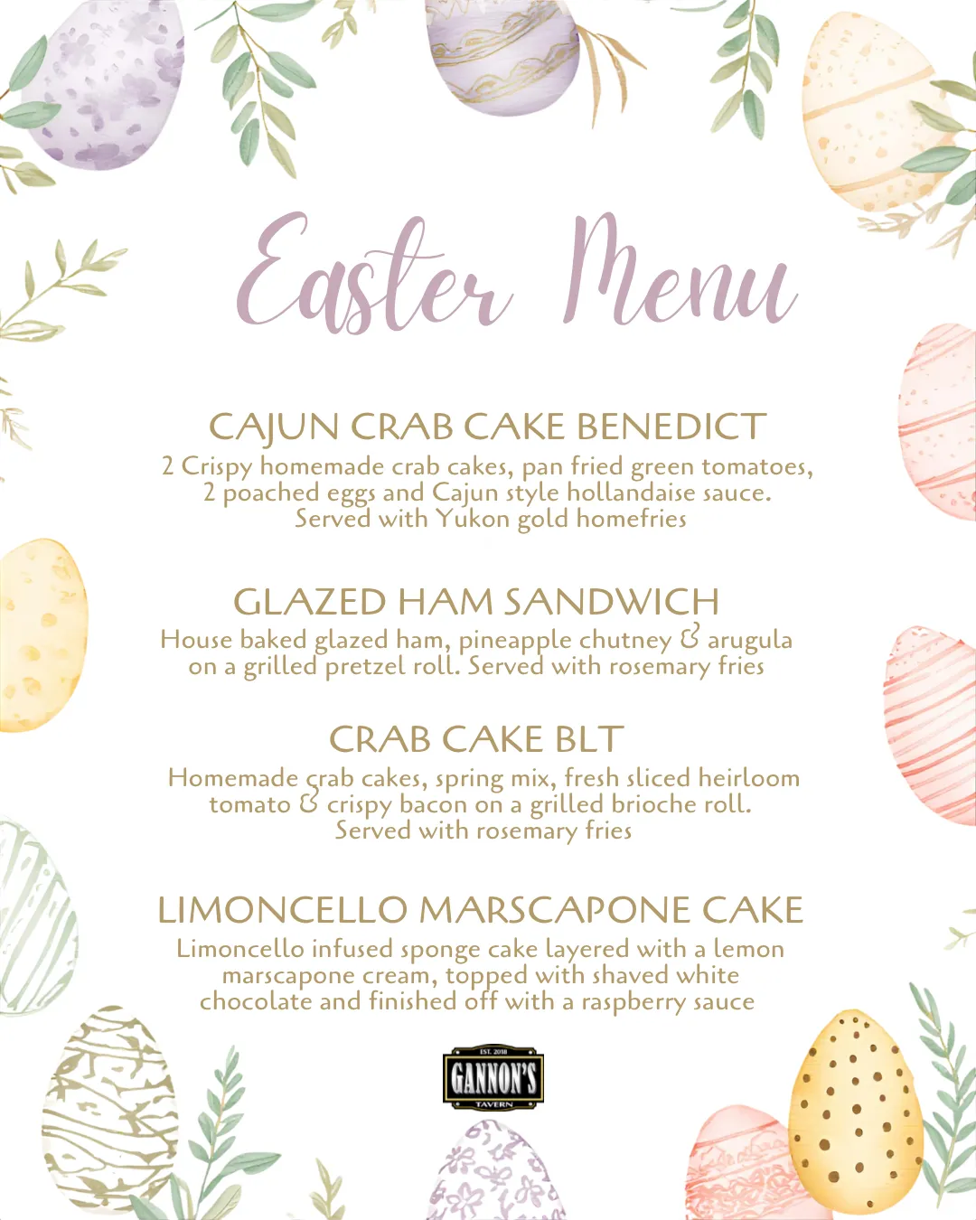 Gannon's Easter Menu